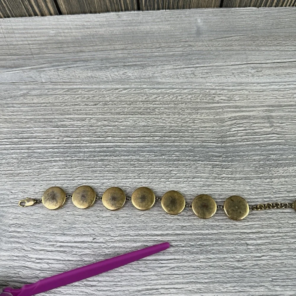 Tory Burch Mother of Pearl Logo Disc Link Bracelet Gold Tone Adjustable